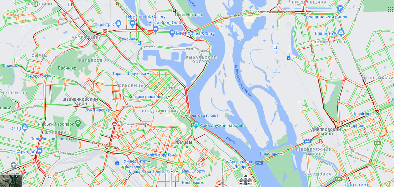 Пробки в Киеве 27 января. Скриншот: гугл мапс