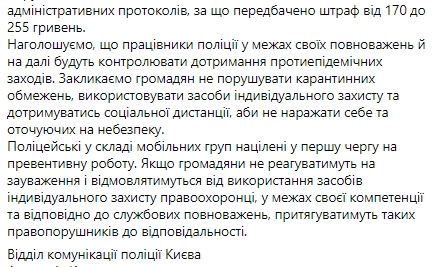 Полиция Киева за выходные оштрафовала 17 человек за отсутствие маски. Скриншот: facebook.com/UA.KyivPolice